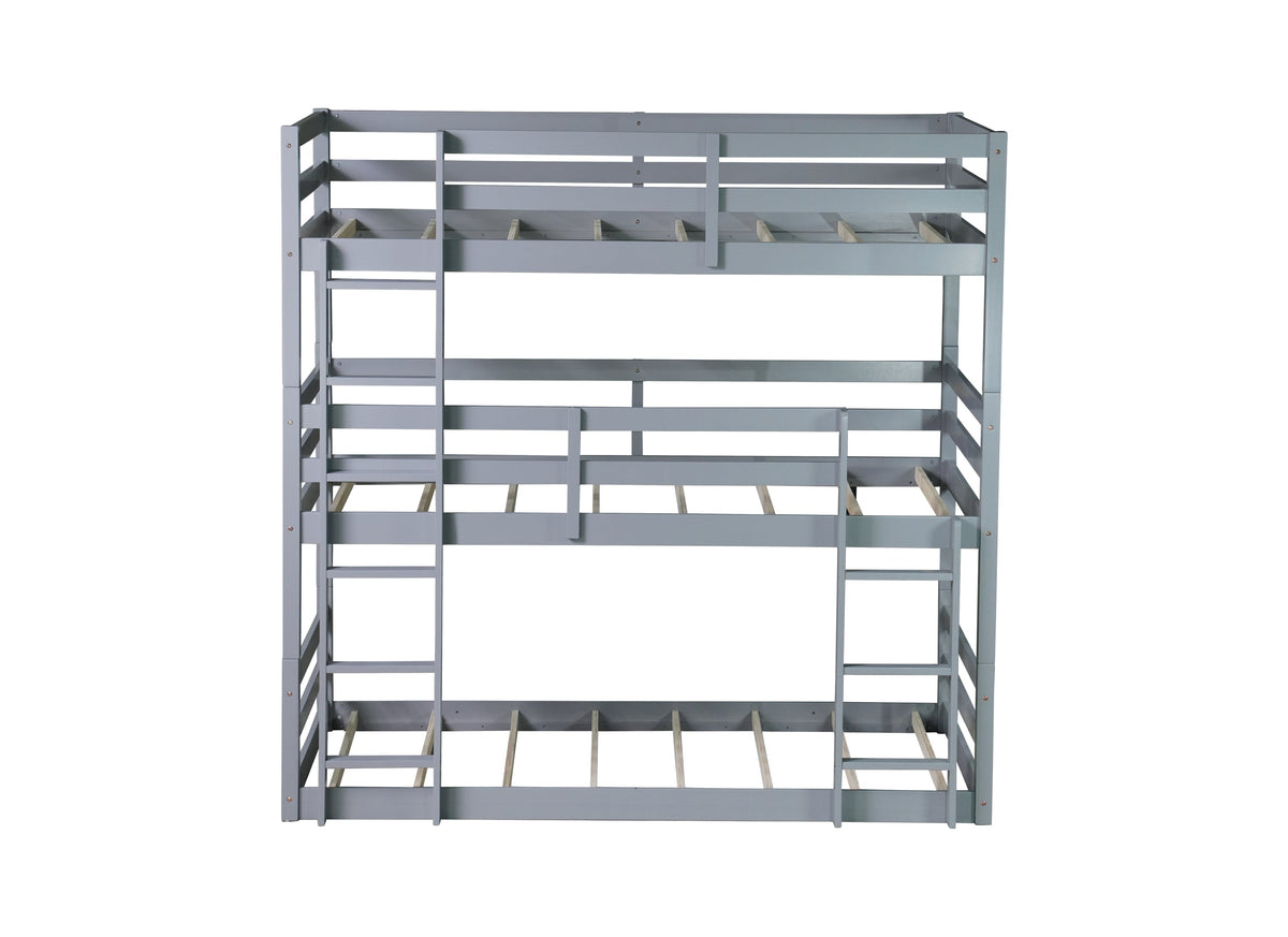 Triple Rubber Wood Bunk Bed with Two Built-in Ladders, Guardrails, Detachable Triple Twin Bunk Bed, Grey