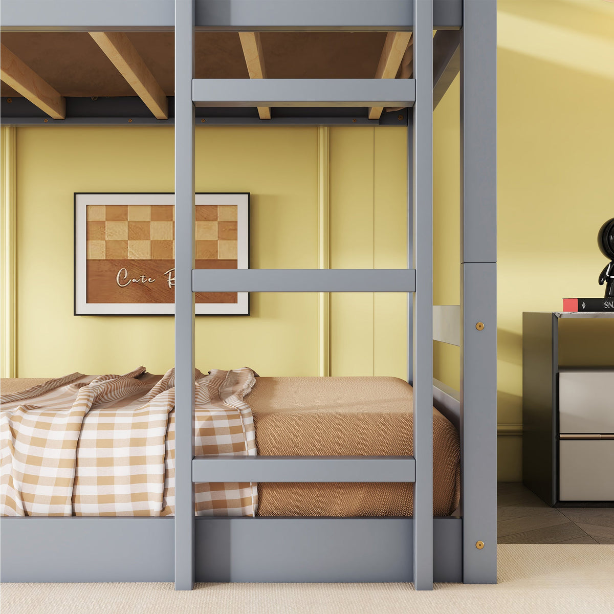 Triple Rubber Wood Bunk Bed with Two Built-in Ladders, Guardrails, Detachable Triple Twin Bunk Bed, Grey