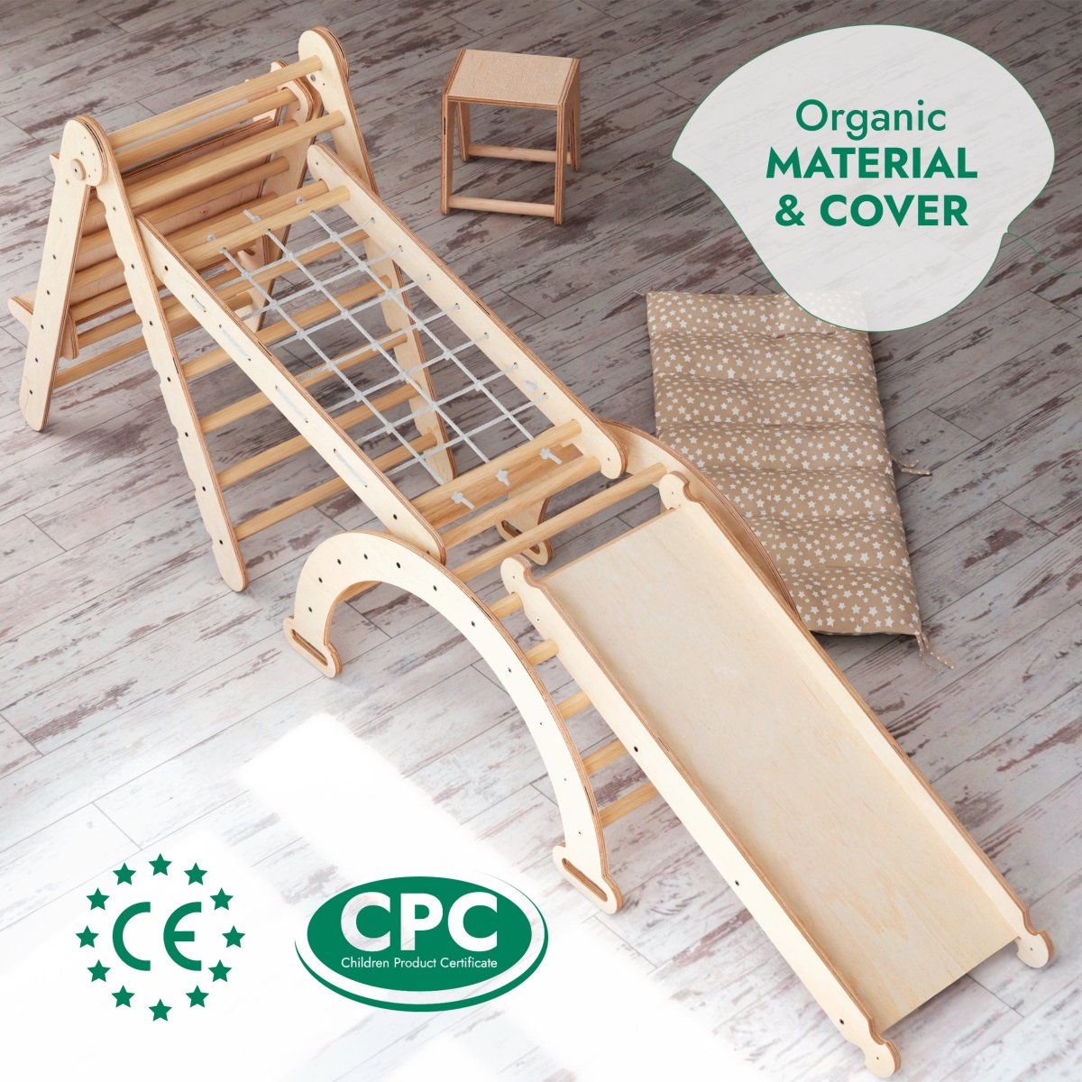 6-in-1 Montessori Climbing Set: Triangle Ladder + Arch/Rocker + Slide/Ramp + Net + Cushion + Art Addition