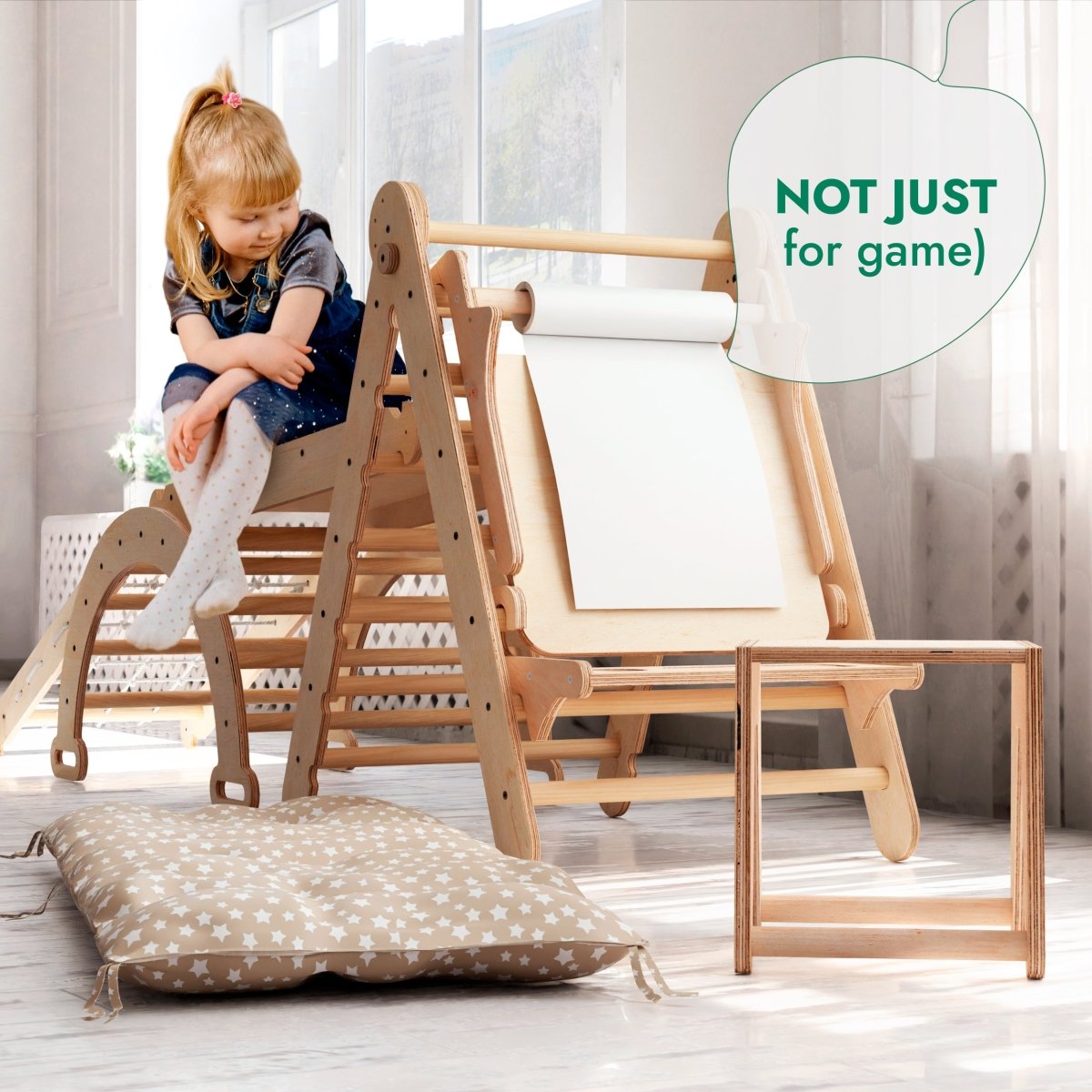 6-in-1 Montessori Climbing Set: Triangle Ladder + Arch/Rocker + Slide/Ramp + Net + Cushion + Art Addition