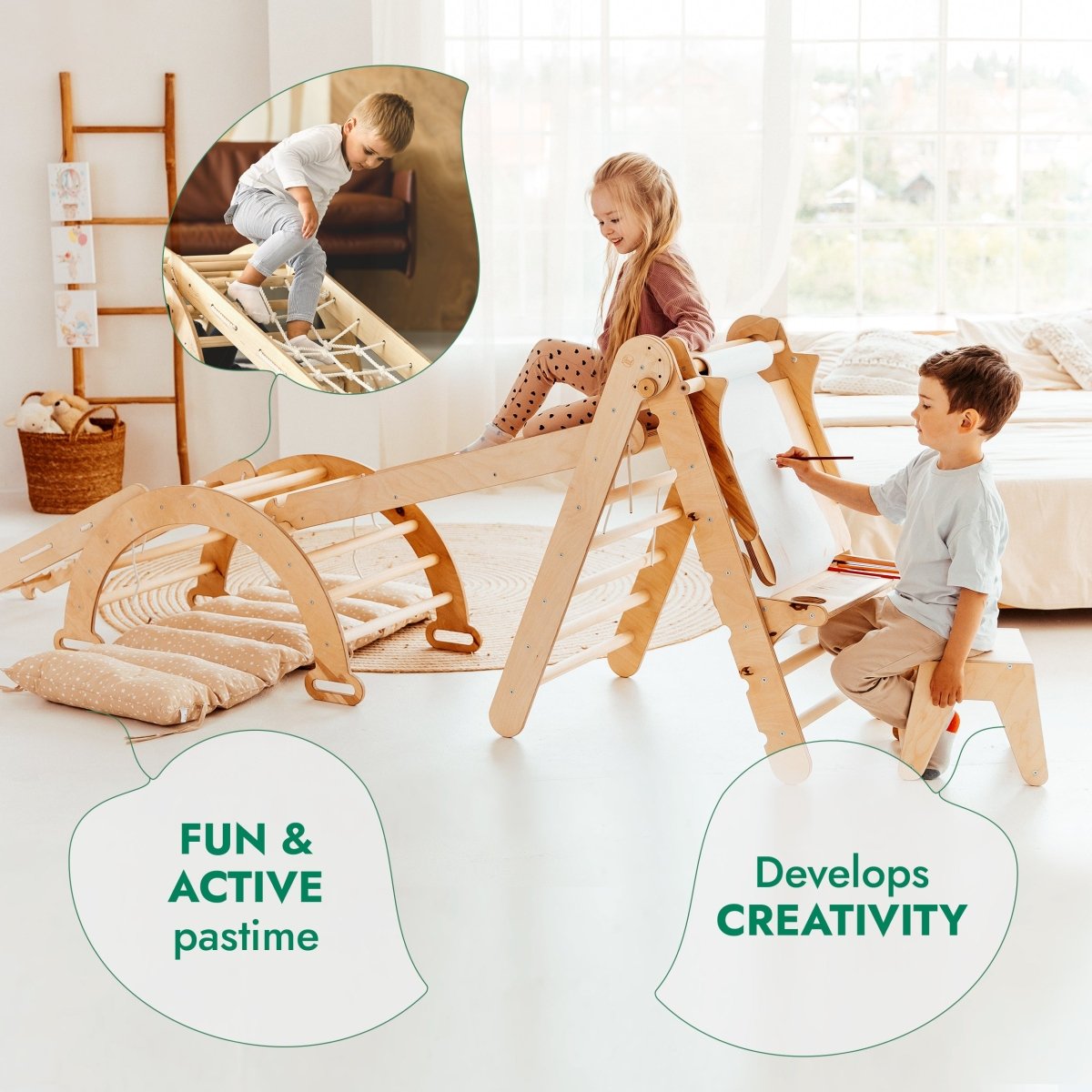 6-in-1 Montessori Climbing Set: Triangle Ladder + Arch/Rocker + Slide/Ramp + Net + Cushion + Art Addition