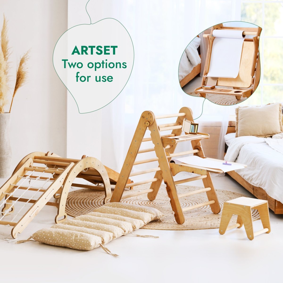 6-in-1 Montessori Climbing Set: Triangle Ladder + Arch/Rocker + Slide/Ramp + Net + Cushion + Art Addition