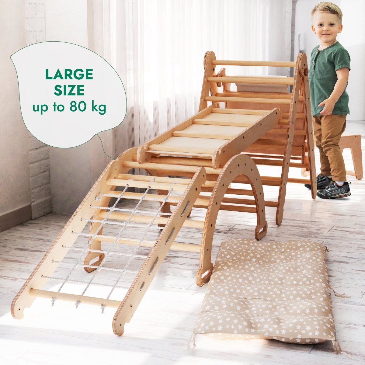 6-in-1 Montessori Climbing Set: Triangle Ladder + Arch/Rocker + Slide/Ramp + Net + Cushion + Art Addition