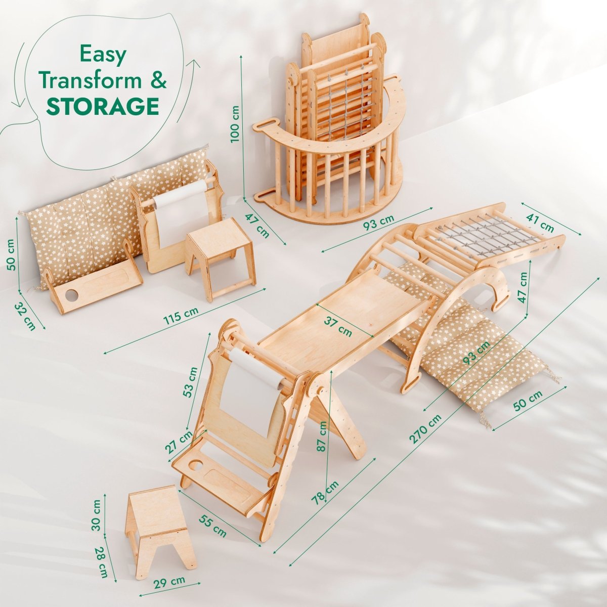 6-in-1 Montessori Climbing Set: Triangle Ladder + Arch/Rocker + Slide/Ramp + Net + Cushion + Art Addition