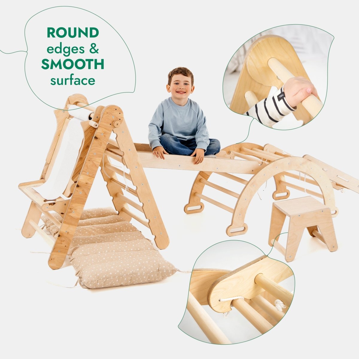 6-in-1 Montessori Climbing Set: Triangle Ladder + Arch/Rocker + Slide/Ramp + Net + Cushion + Art Addition