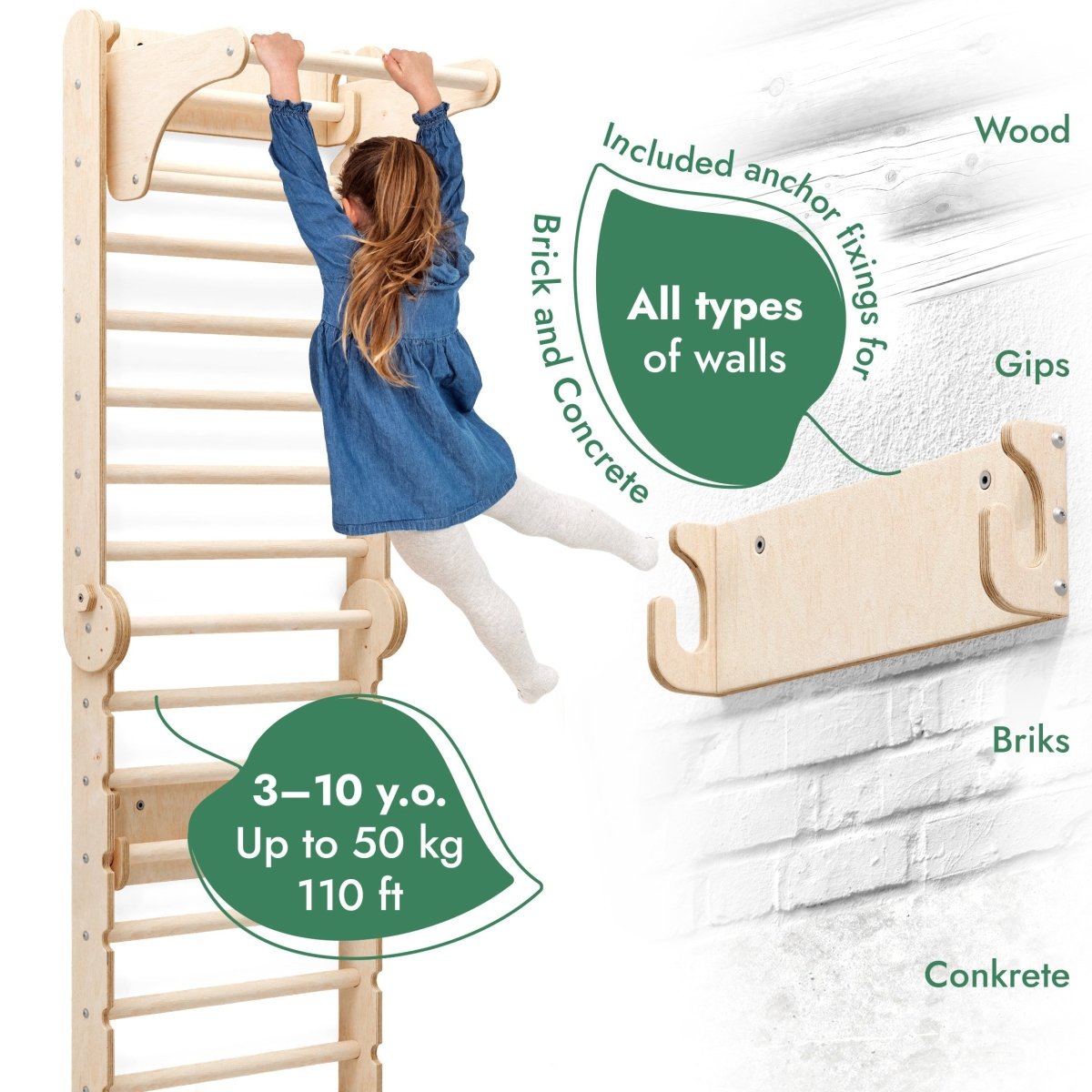 6-in-1 Wooden Swedish Wall / Climbing ladder for Children + Swing Set + Slide Board