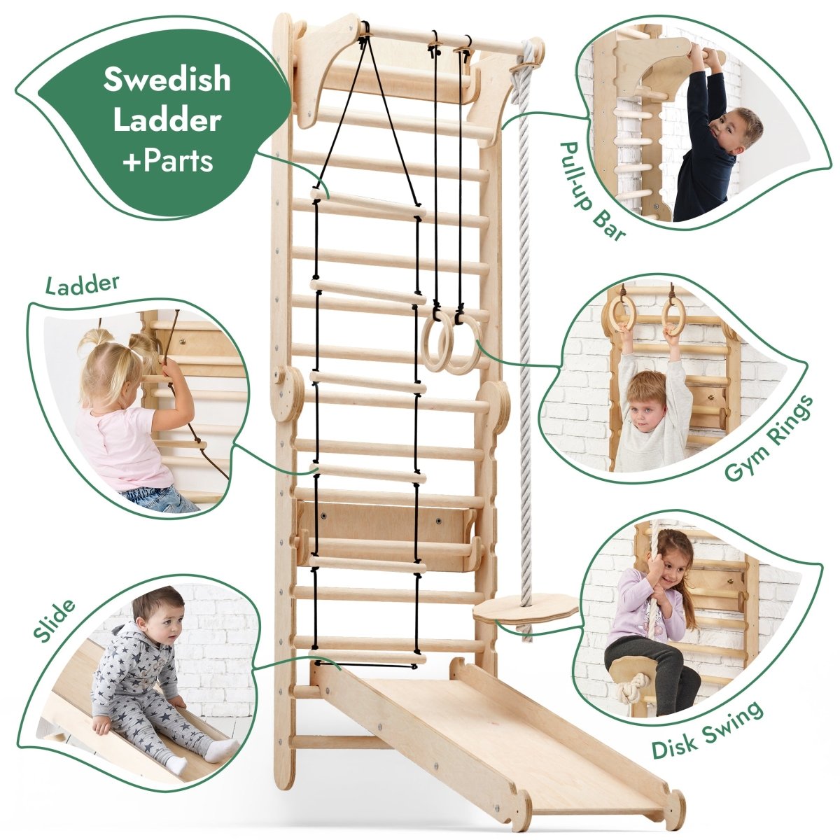 6-in-1 Wooden Swedish Wall / Climbing ladder for Children + Swing Set + Slide Board