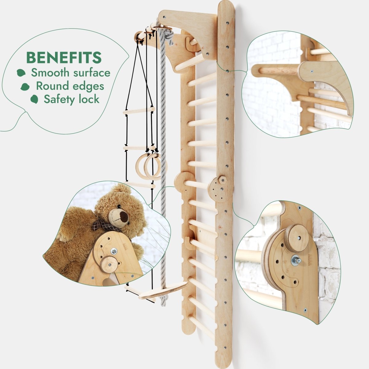 6-in-1 Wooden Swedish Wall / Climbing ladder for Children + Swing Set + Slide Board