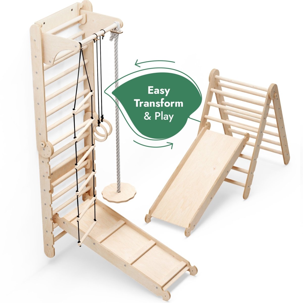 6-in-1 Wooden Swedish Wall / Climbing ladder for Children + Swing Set + Slide Board