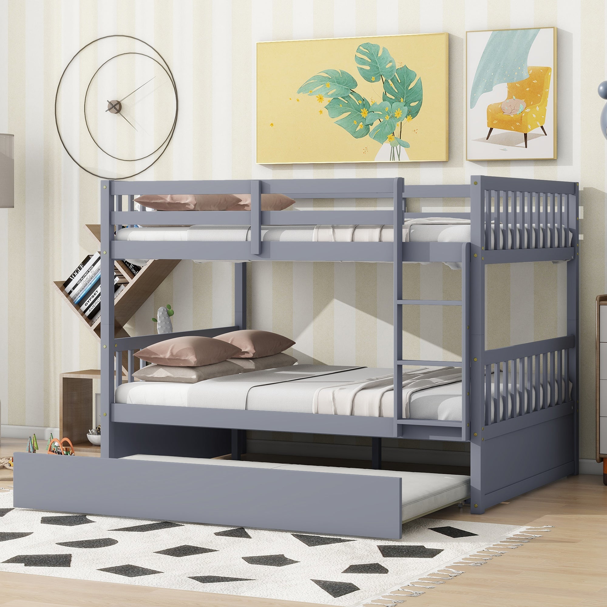 Rubber Wood Bunk Bed with Trundle, Ladder and Guardrails, Convertible to 2 Full Size Beds, Grey