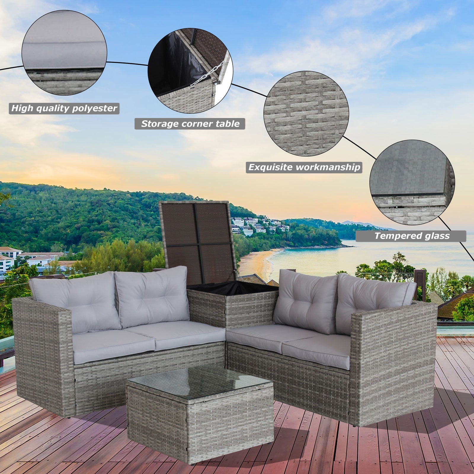 4 Piece Patio Sectional Sofa Set with Storage Box - Grey