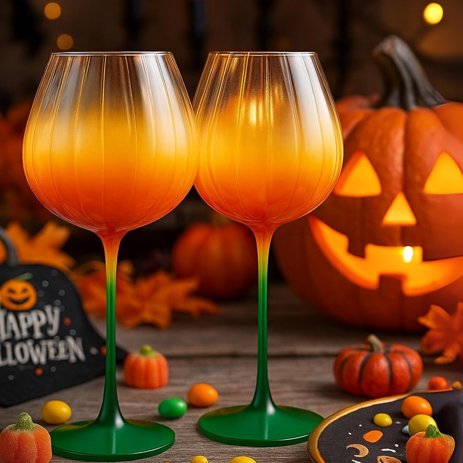 Khen Pumpkin Wine Glasses, Fall Inspired Stemware - Set of 2