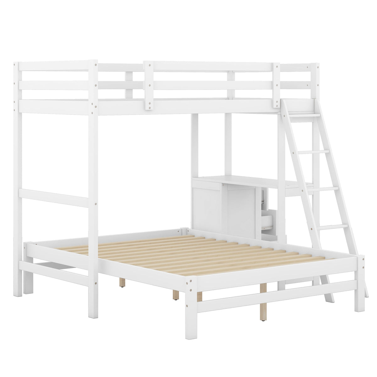 Twin-Over-Full Bunk Bed with Built-in Desk and Three Drawers, White