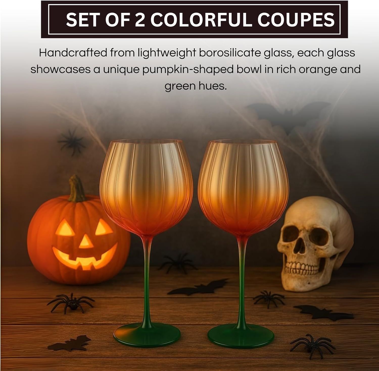 Khen Pumpkin Wine Glasses, Fall Inspired Stemware - Set of 2