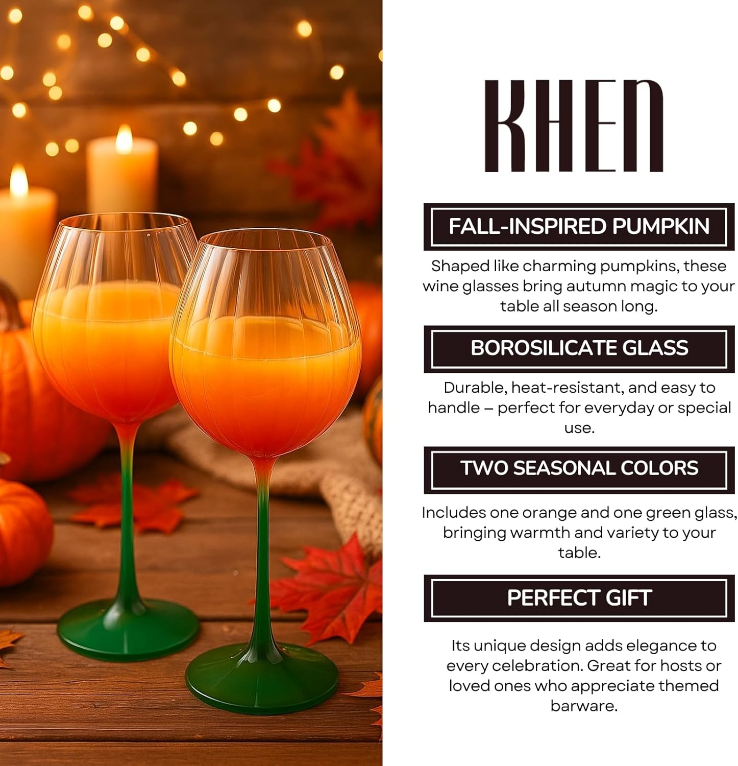 Khen Pumpkin Wine Glasses, Fall Inspired Stemware - Set of 2