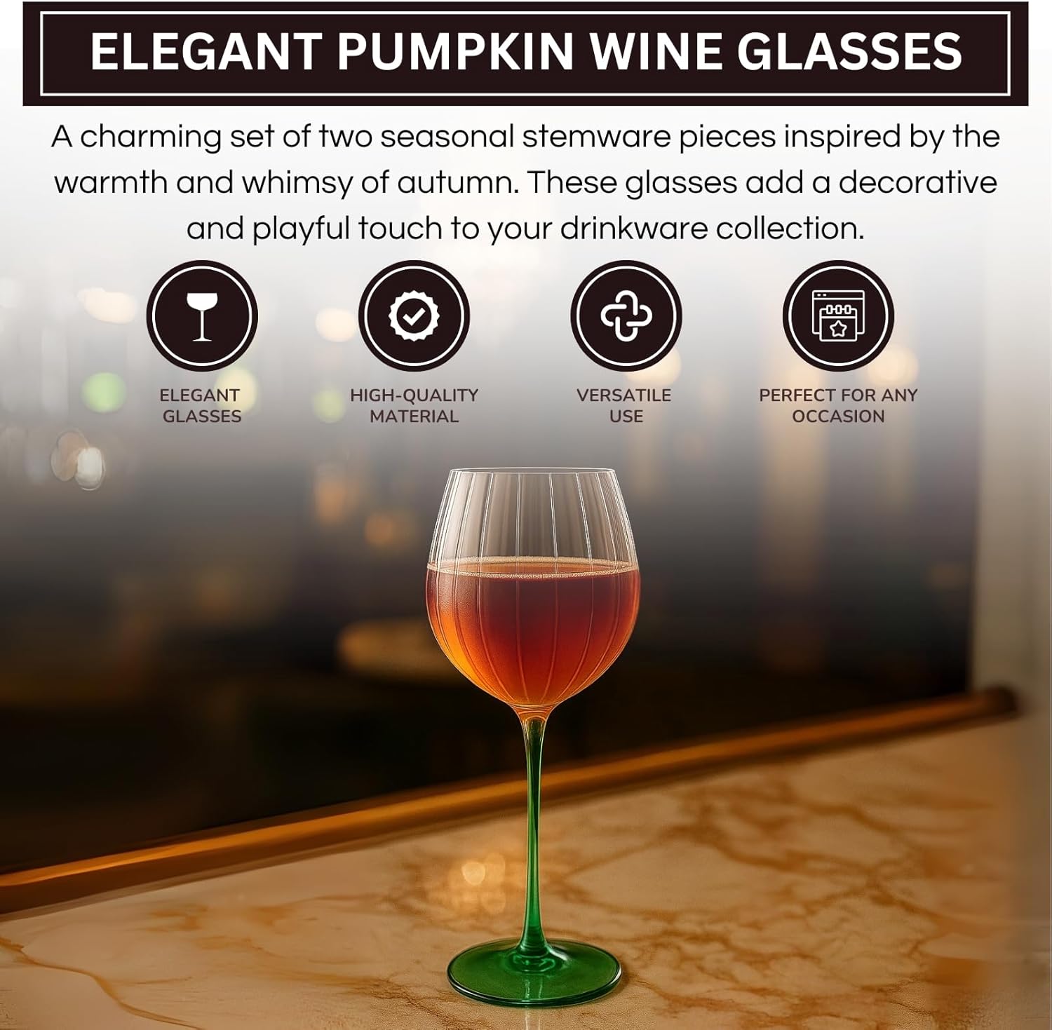 Khen Pumpkin Wine Glasses, Fall Inspired Stemware - Set of 2
