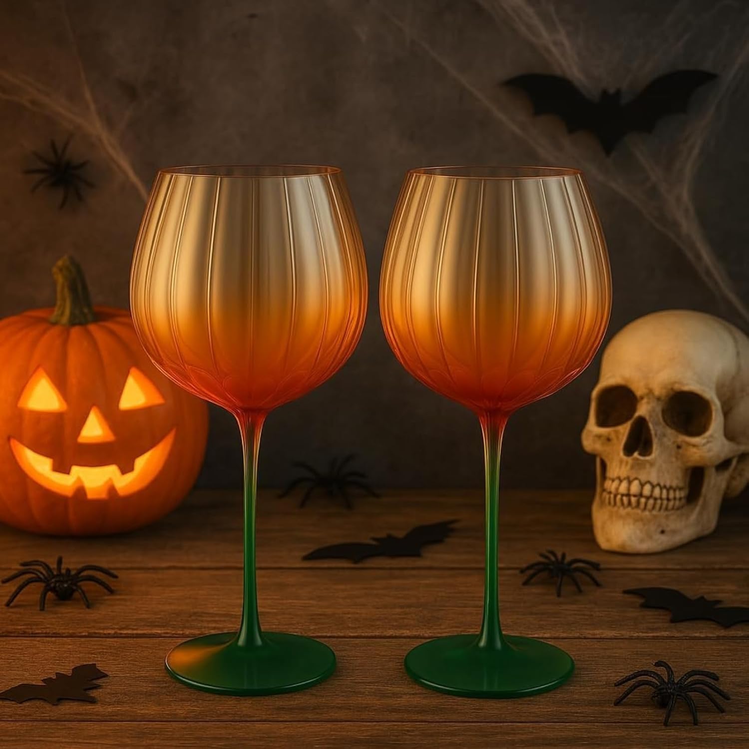 Khen Pumpkin Wine Glasses, Fall Inspired Stemware - Set of 2