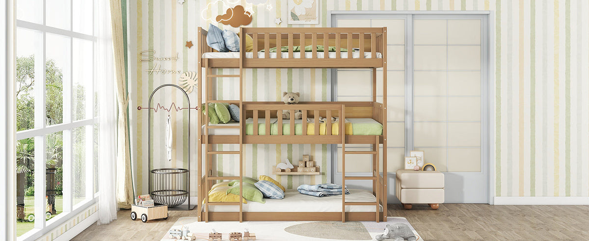 Twin Size Triple Rubber Wood Bunk Bed, with Ladders, Guardrails, Twin over Twin, Natural