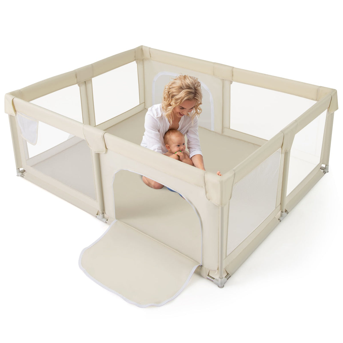 75 x 59 Inch Large Baby Playpen with Breathable Mesh and Zipper Doors-Beige