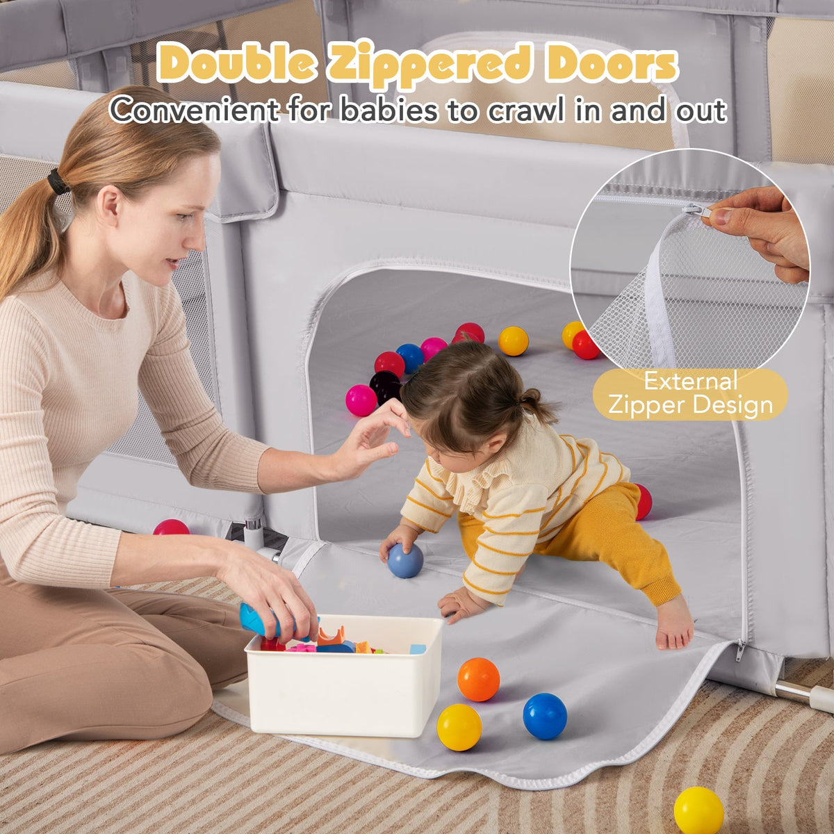 75 x 59 Inch Large Baby Playpen with Breathable Mesh and Zipper Doors-Gray