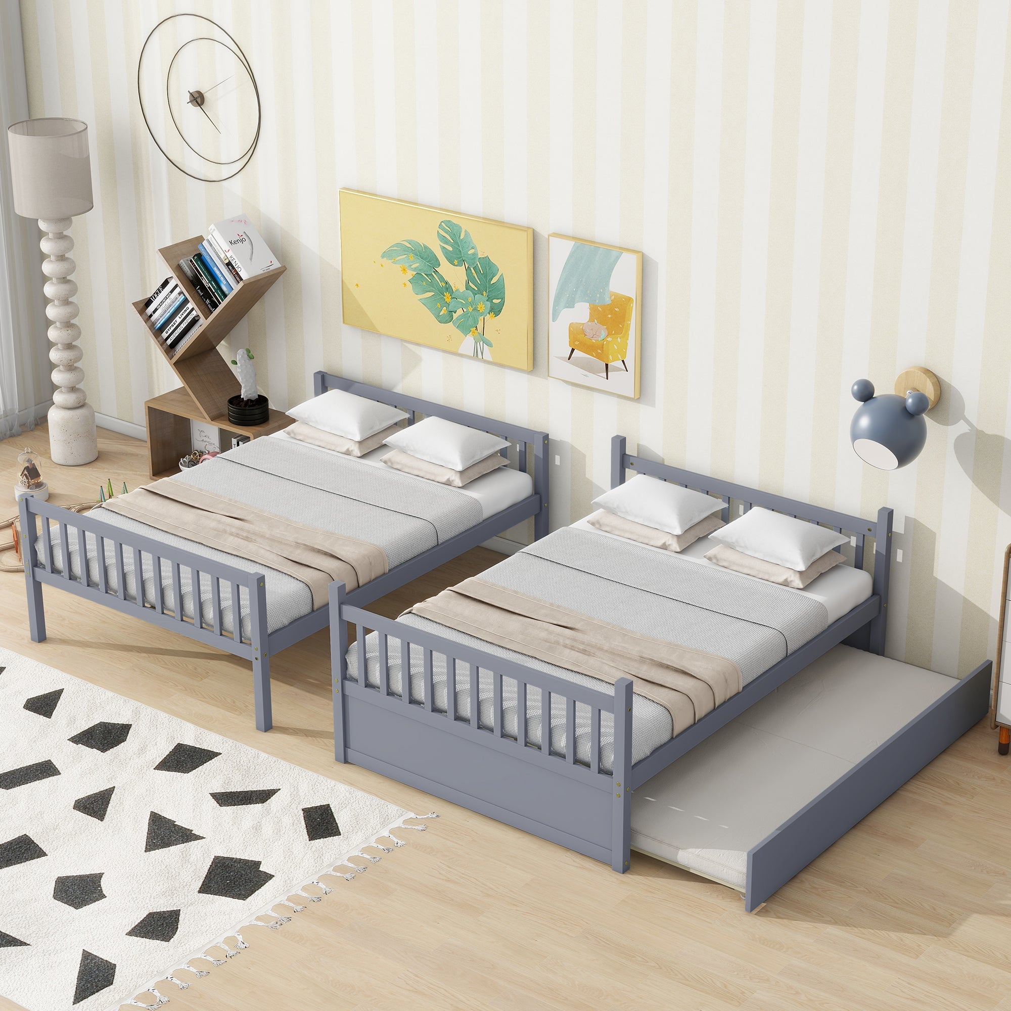 Rubber Wood Bunk Bed with Trundle, Ladder and Guardrails, Convertible to 2 Full Size Beds, Grey