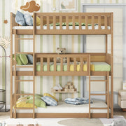 Twin Size Triple Rubber Wood Bunk Bed, with Ladders, Guardrails, Twin over Twin, Natural