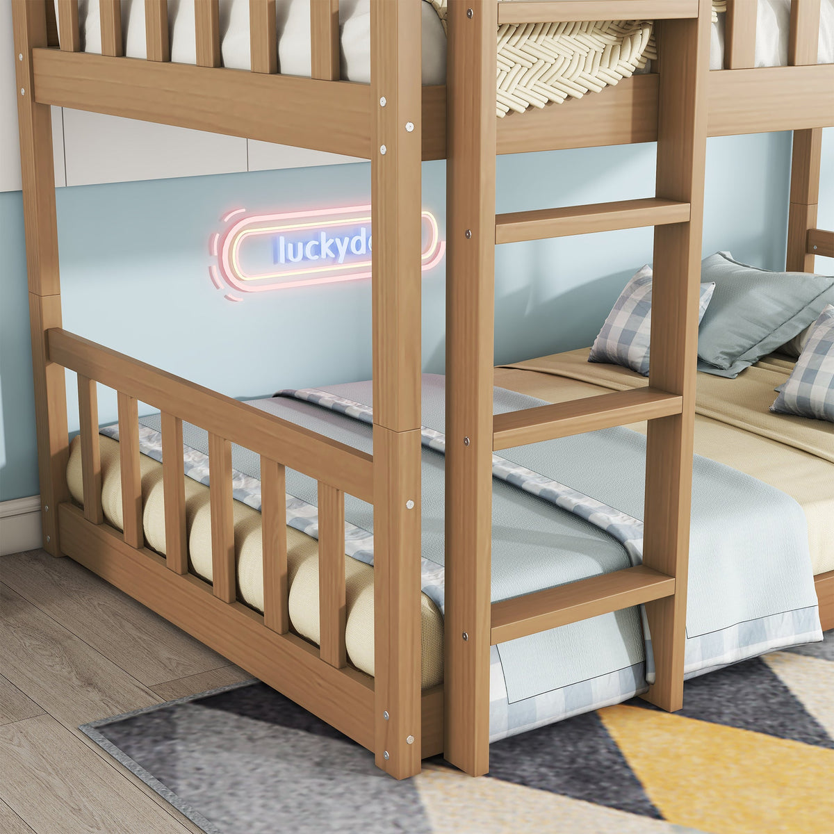 Twin Size Triple Rubber Wood Bunk Bed, with Ladders, Guardrails, Twin over Twin, Natural