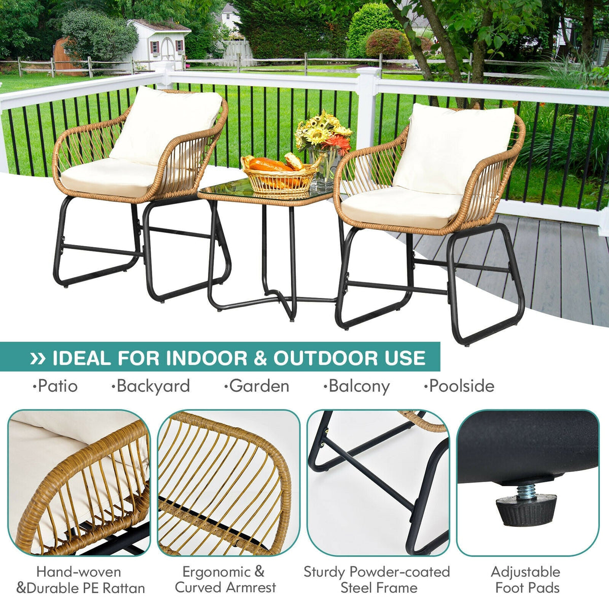 3-Piece Patio Bistro Set with 2 Rattan Chairs and Coffee Table - White