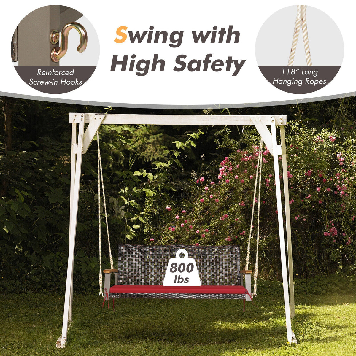 2-Person Rattan Hanging Porch Swing Chair - Red