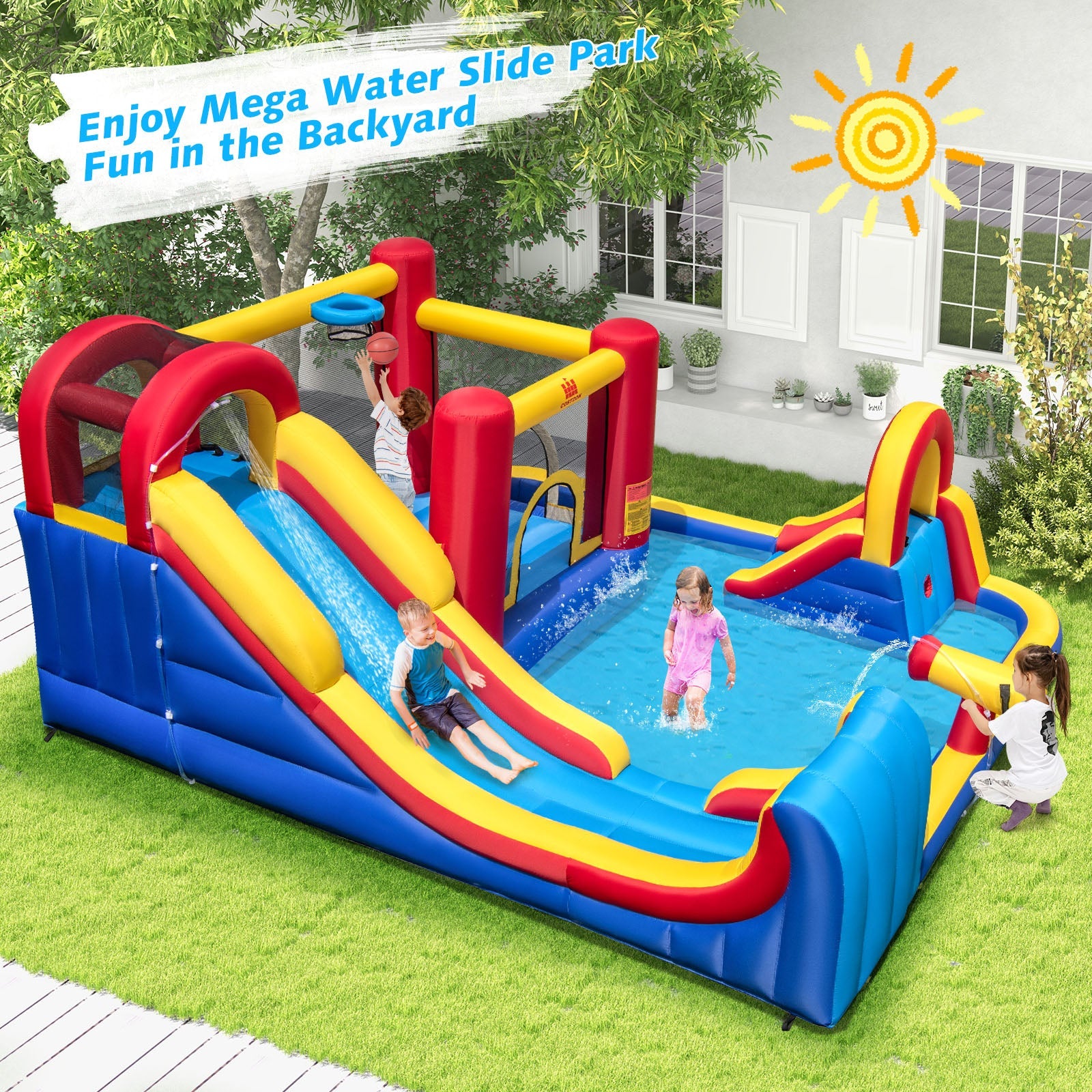 7 in 1 Outdoor Inflatable Bounce House with Water Slides and Splash Pools