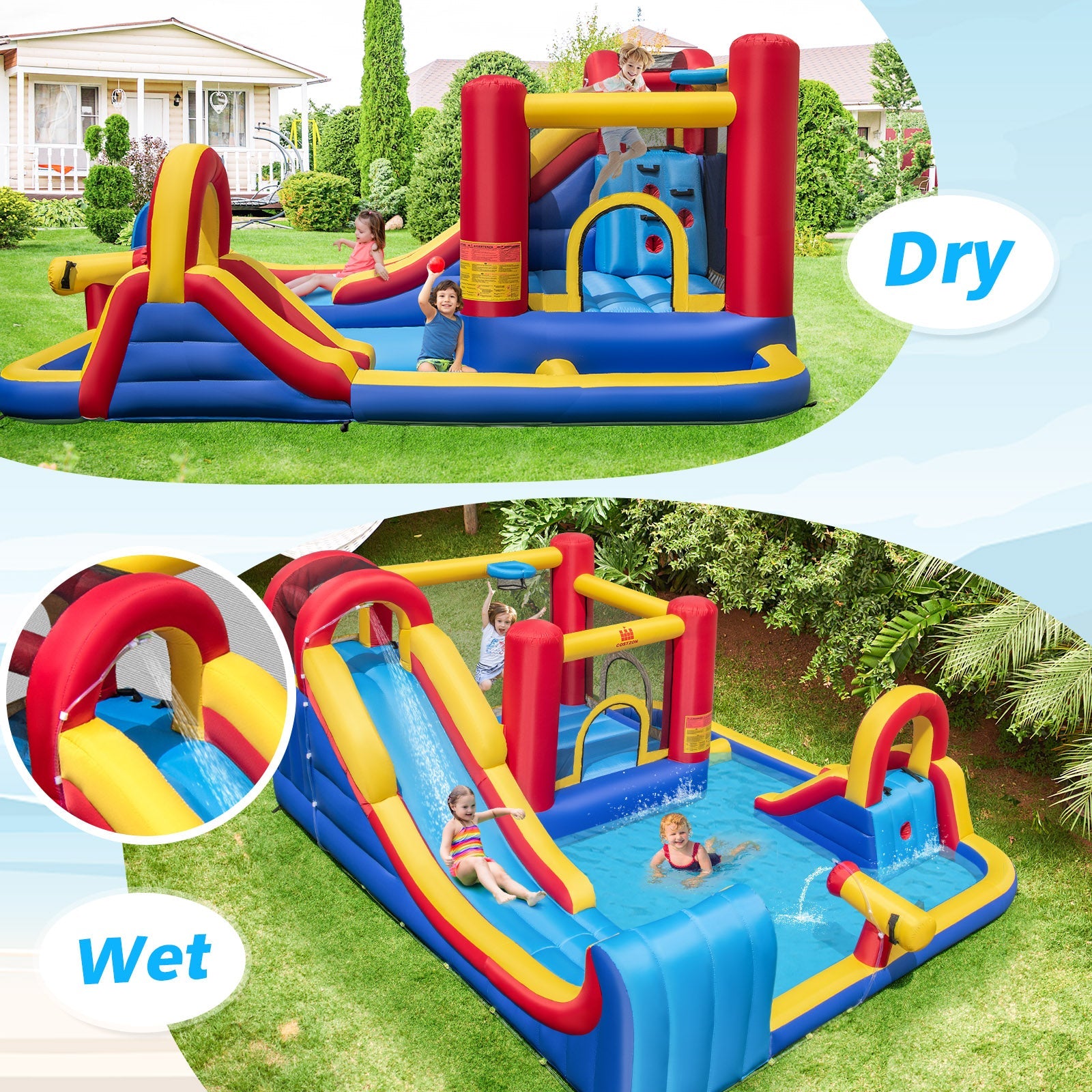 7 in 1 Outdoor Inflatable Bounce House with Water Slides and Splash Pools