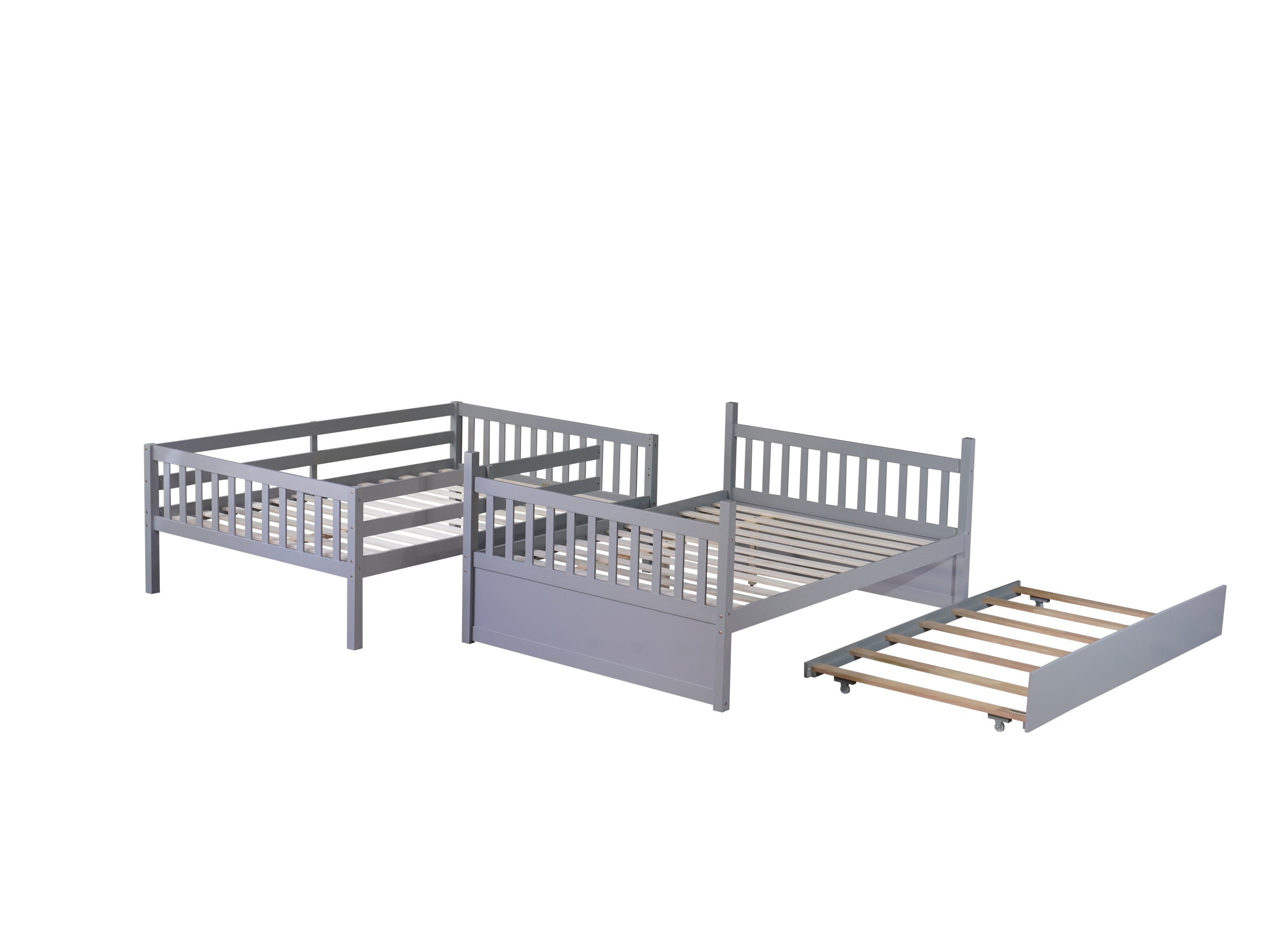 Rubber Wood Bunk Bed with Trundle, Ladder and Guardrails, Convertible to 2 Full Size Beds, Grey