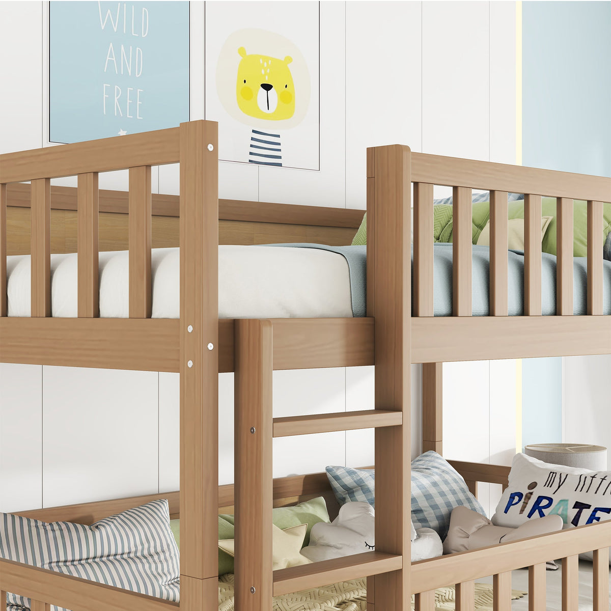 Twin Size Triple Rubber Wood Bunk Bed, with Ladders, Guardrails, Twin over Twin, Natural