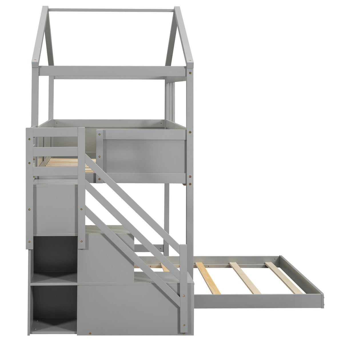 Twin-Over-Full House Bunk Bed with Storage Staircase and Blackboard, Gray