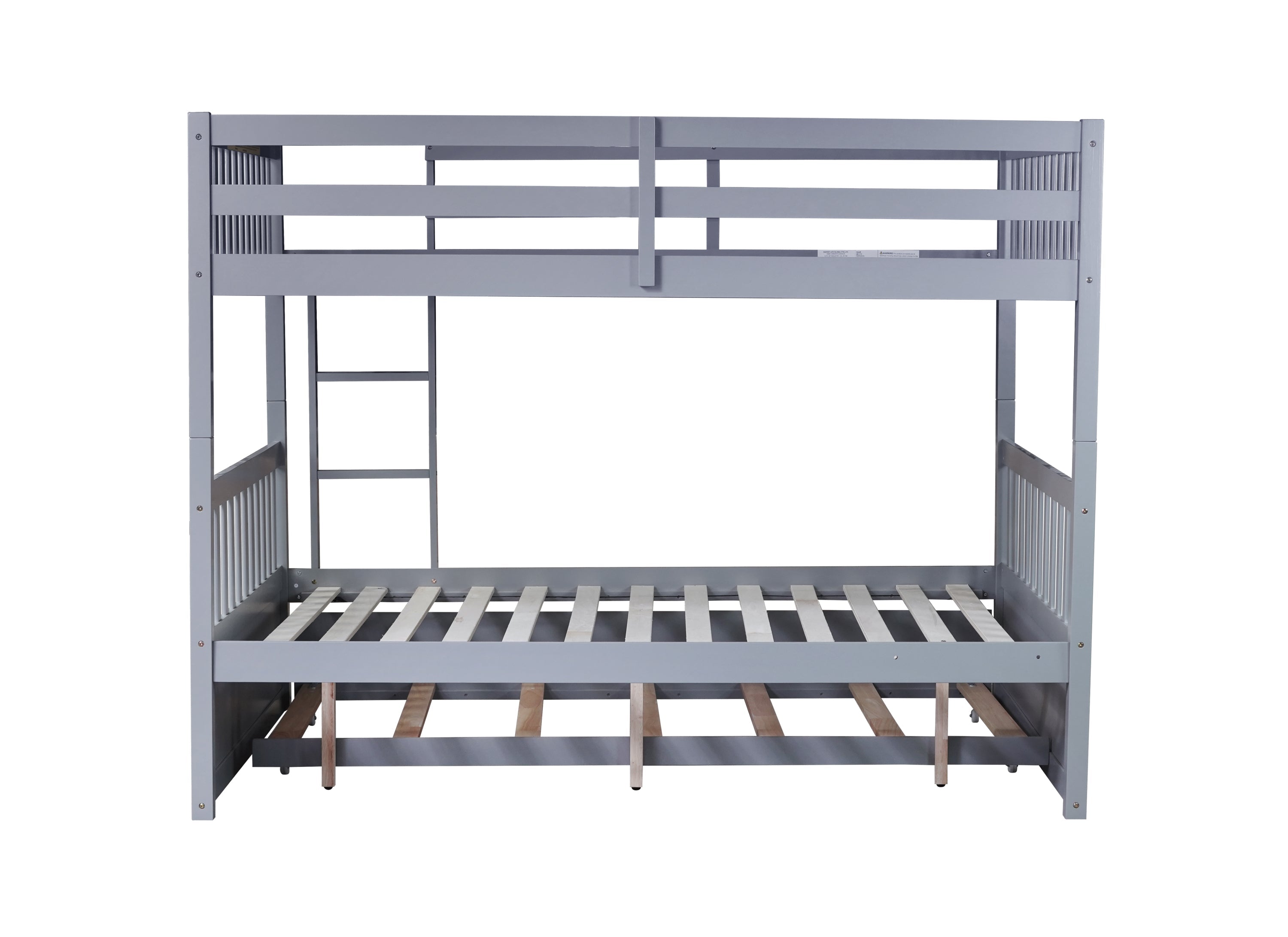 Rubber Wood Bunk Bed with Trundle, Ladder and Guardrails, Convertible to 2 Full Size Beds, Grey