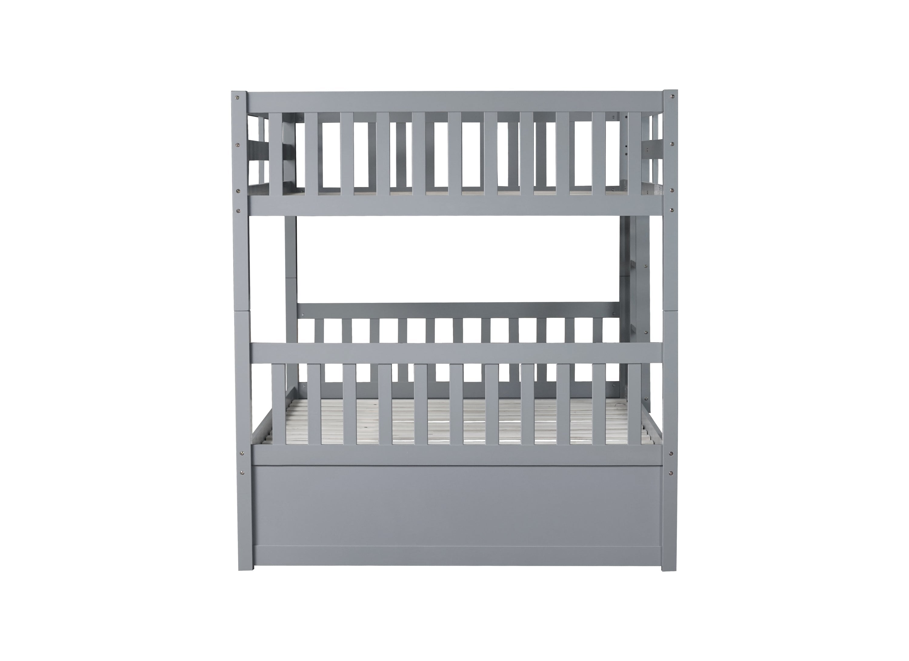 Rubber Wood Bunk Bed with Trundle, Ladder and Guardrails, Convertible to 2 Full Size Beds, Grey