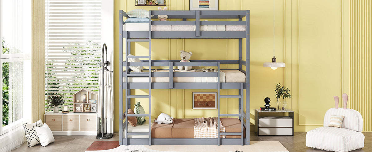 Triple Rubber Wood Bunk Bed with Two Built-in Ladders, Guardrails, Detachable Triple Twin Bunk Bed, Grey