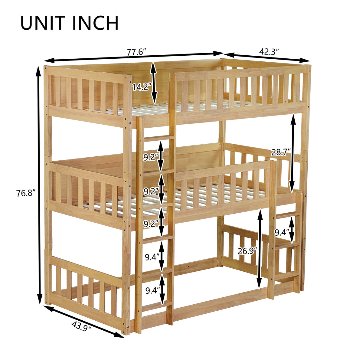 Twin Size Triple Rubber Wood Bunk Bed, with Ladders, Guardrails, Twin over Twin, Natural