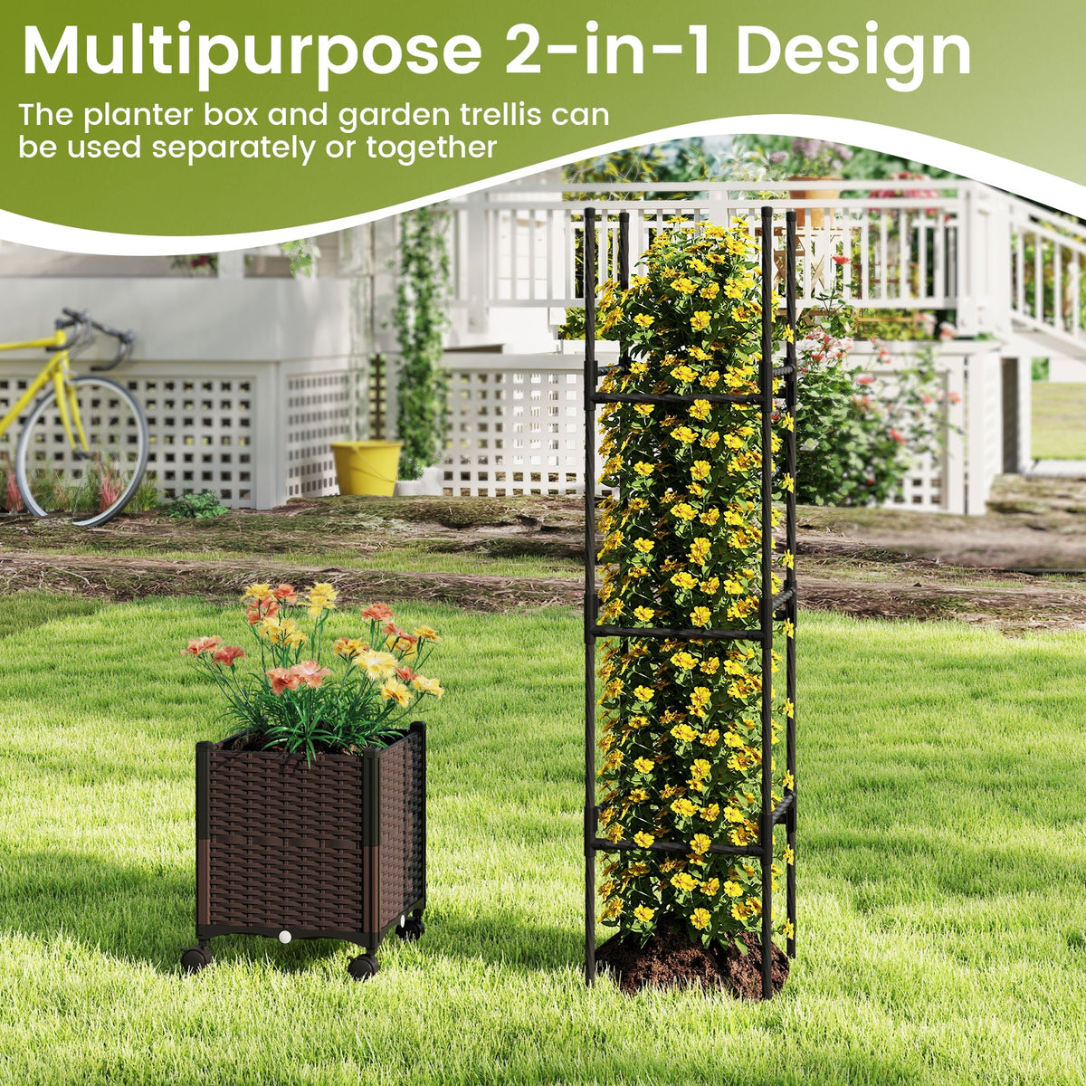 87 Inch Tall Raised Garden Bed with Plant Box Trellis and Lockable Wheels