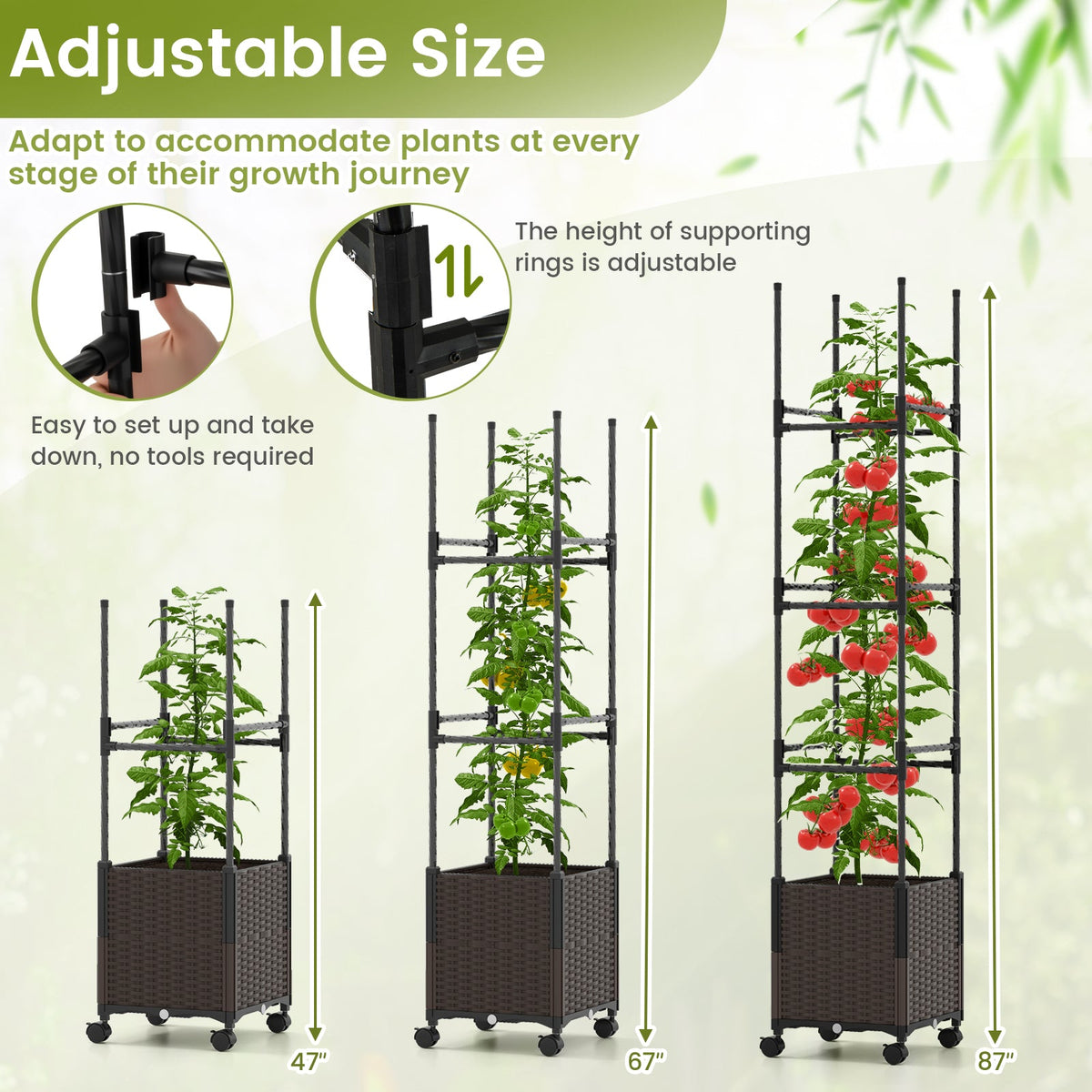 87 Inch Tall Raised Garden Bed with Plant Box Trellis and Lockable Wheels