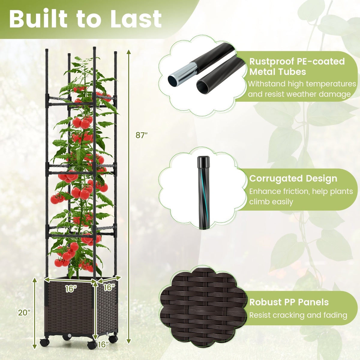 87 Inch Tall Raised Garden Bed with Plant Box Trellis and Lockable Wheels