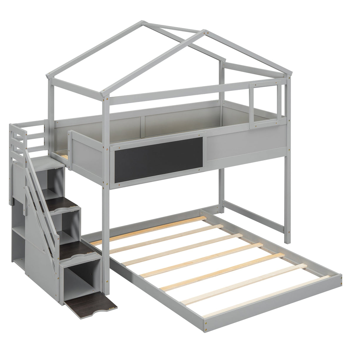 Twin-Over-Full House Bunk Bed with Storage Staircase and Blackboard, Gray