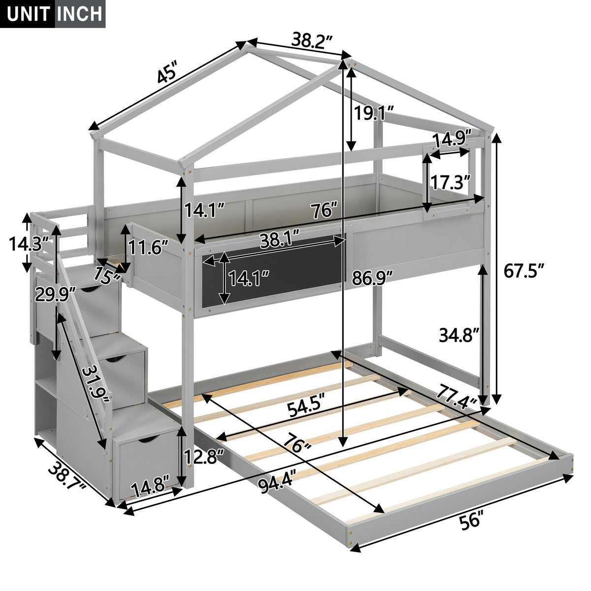 Twin-Over-Full House Bunk Bed with Storage Staircase and Blackboard, Gray