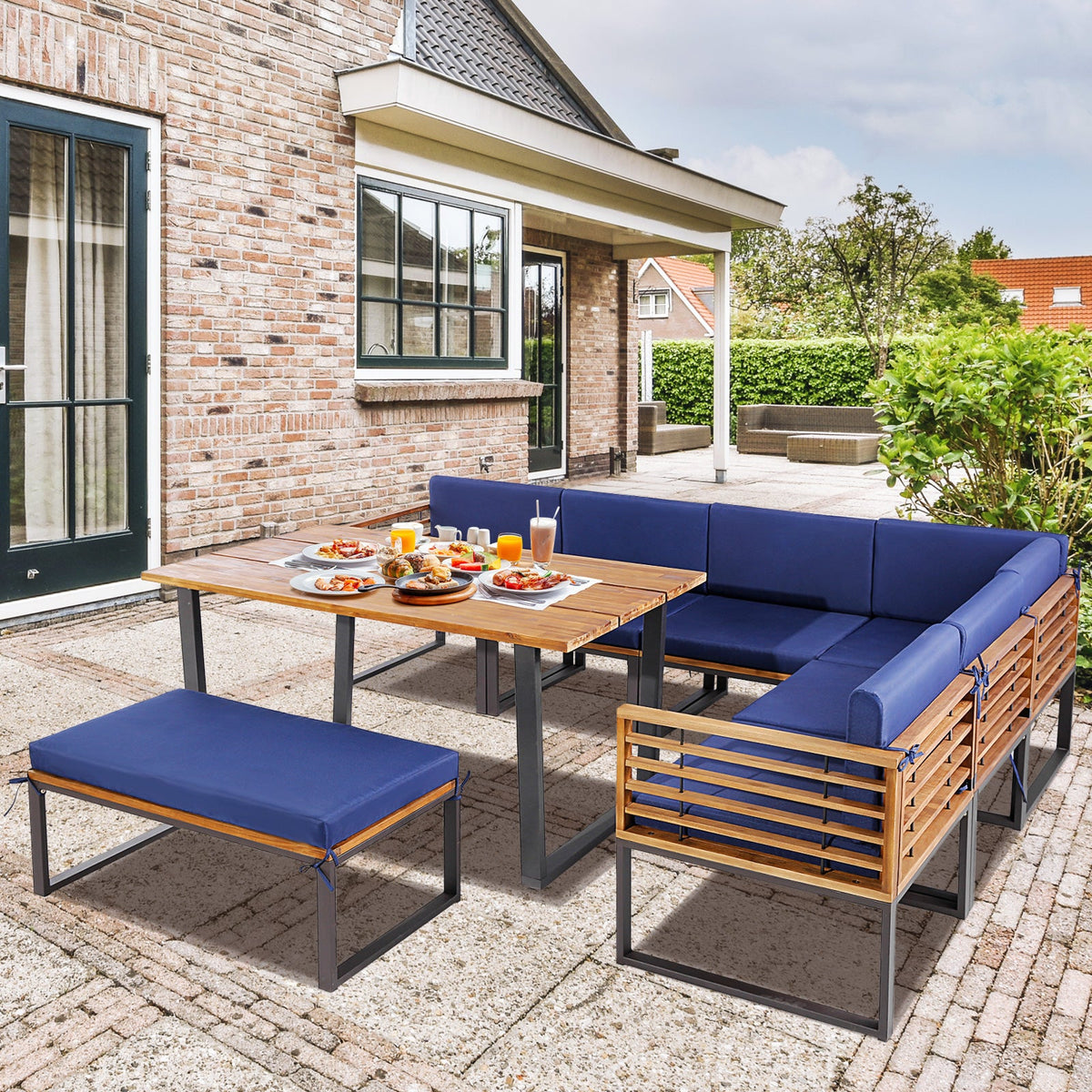 8 Pieces Patio Acacia Wood Dining Table Set with Ottoman - Navy