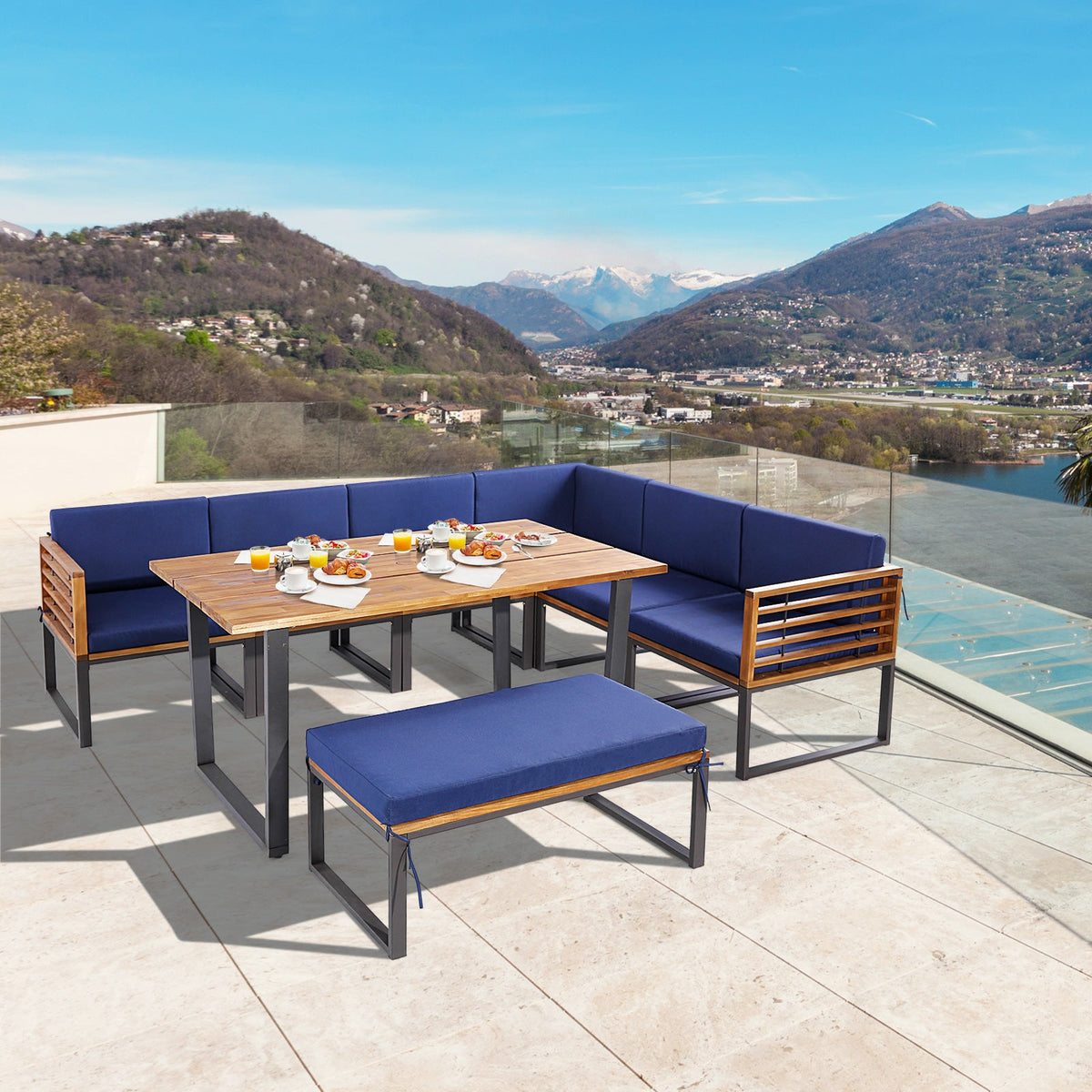 8 Pieces Patio Acacia Wood Dining Table Set with Ottoman - Navy