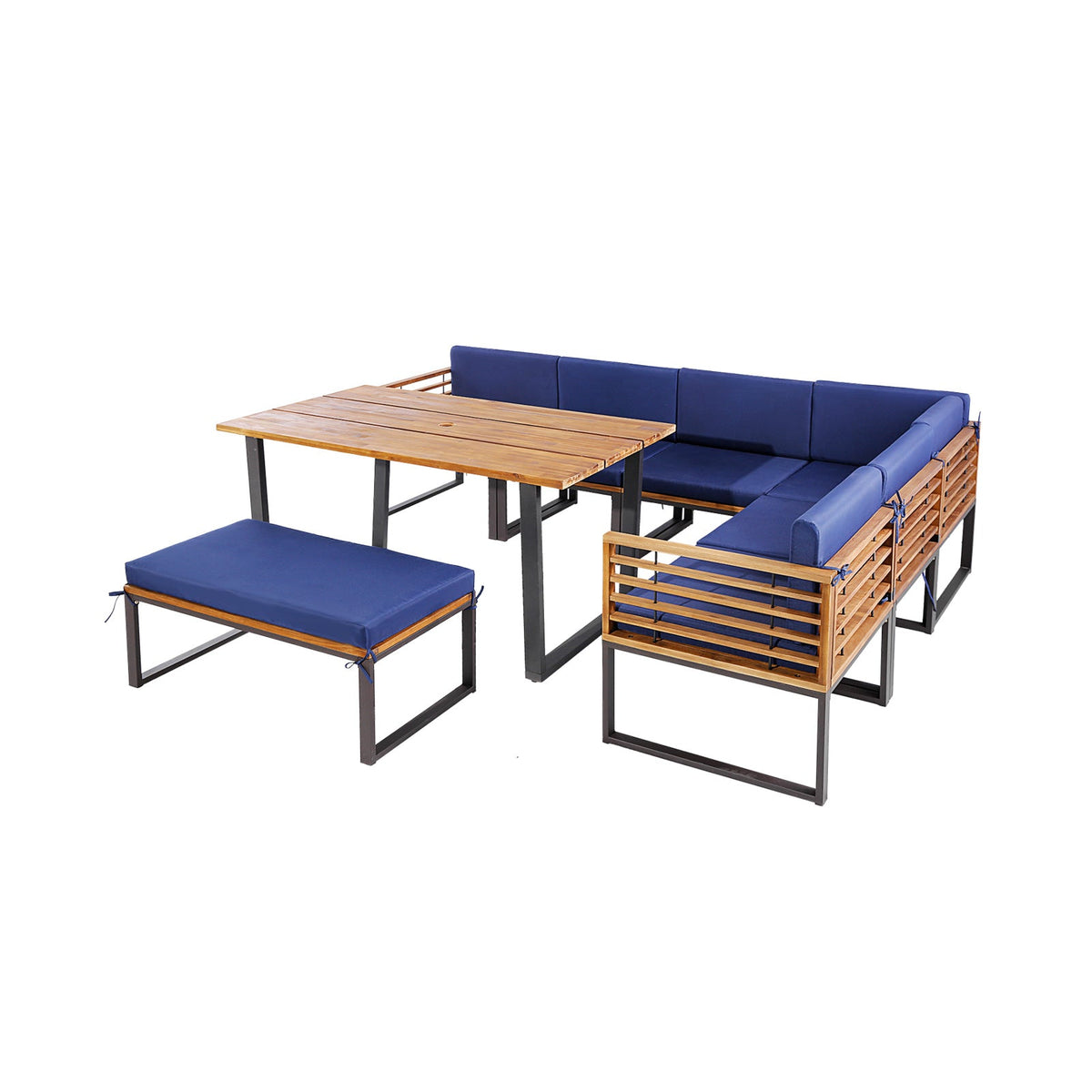 8 Pieces Patio Acacia Wood Dining Table Set with Ottoman - Navy