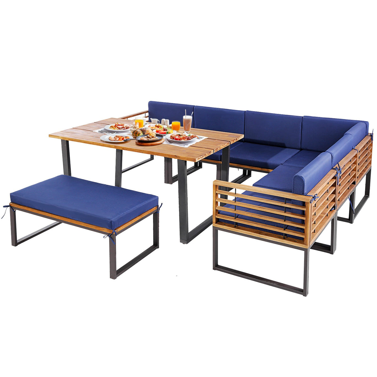 8 Pieces Patio Acacia Wood Dining Table Set with Ottoman - Navy