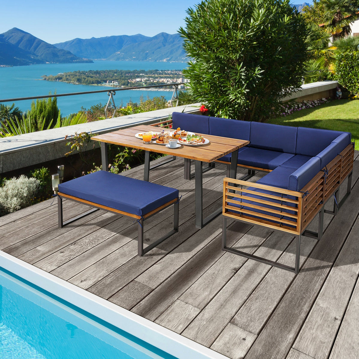 8 Pieces Patio Acacia Wood Dining Table Set with Ottoman - Navy