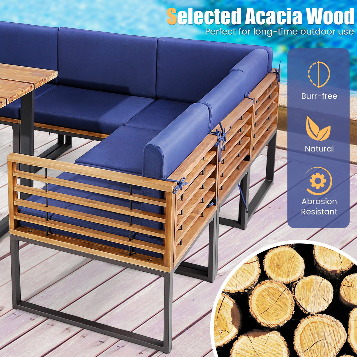 8 Pieces Patio Acacia Wood Dining Table Set with Ottoman - Navy