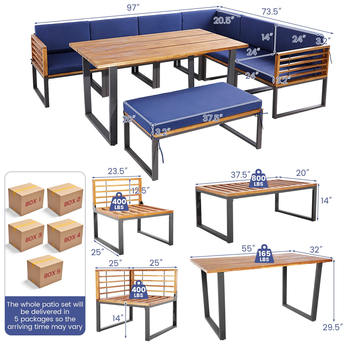 8 Pieces Patio Acacia Wood Dining Table Set with Ottoman - Navy